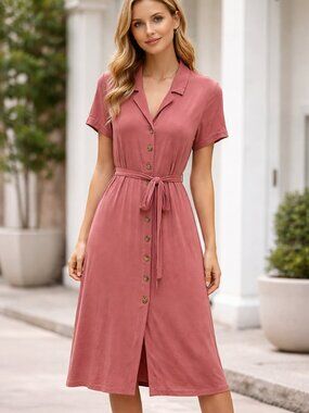 Jackson Rowe Dusty Rose Button Front Midi Dress Tie Waist Boho Size M NWT